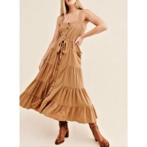 Free People Catch the Breeze Women’s Large Tiered Midi Dress Linen Blend NEW